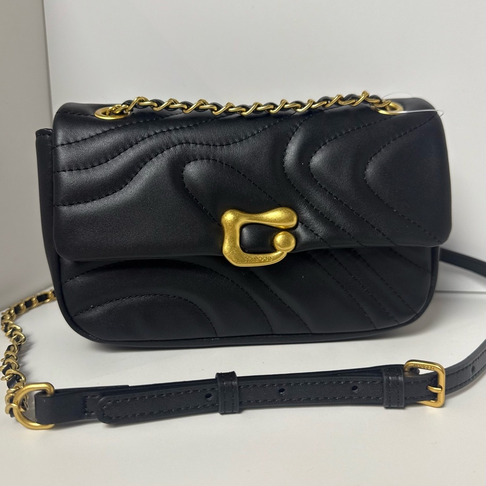 Genuine Leather‎ Quilted Black Shoulder Bag with Gold Chain Crossbody Strap